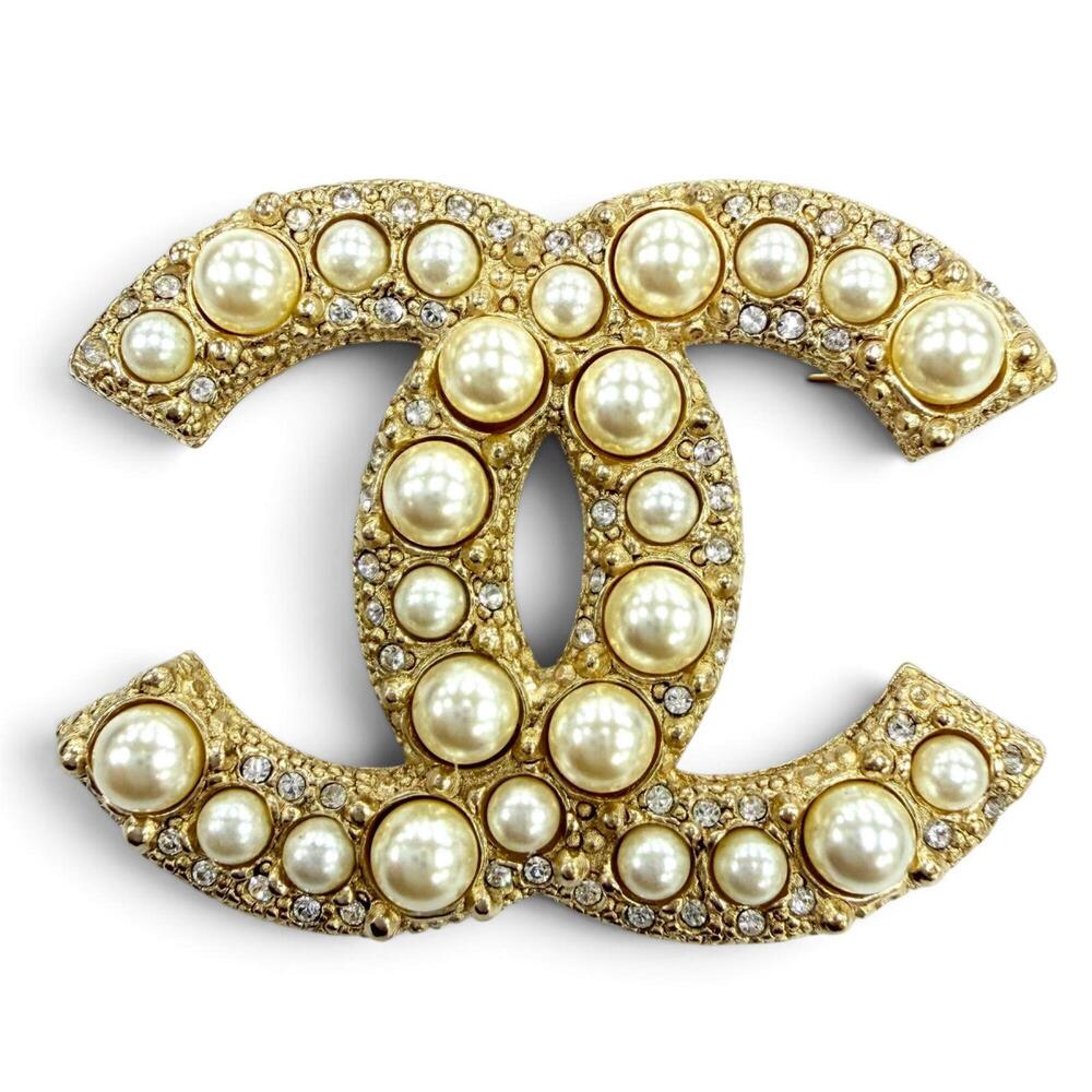 CHANEL F24V Metal Coco Mark Faux Pearl Brooch, Gold, Made in France, Women's,...